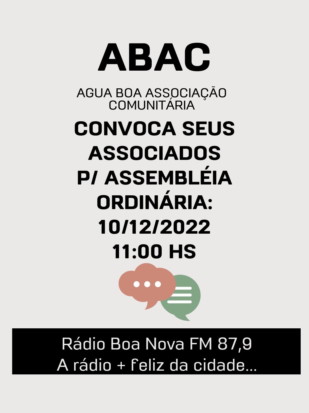 ABAC - ÁGUA BOA ASSOCIAÇÃO COMUNITÁRIA CONVOCA SEUS ASSOCIADOS PARA ASSEMBLÉIA ORDINÁRIA - 10/12/2022 AS 11:00 HS
